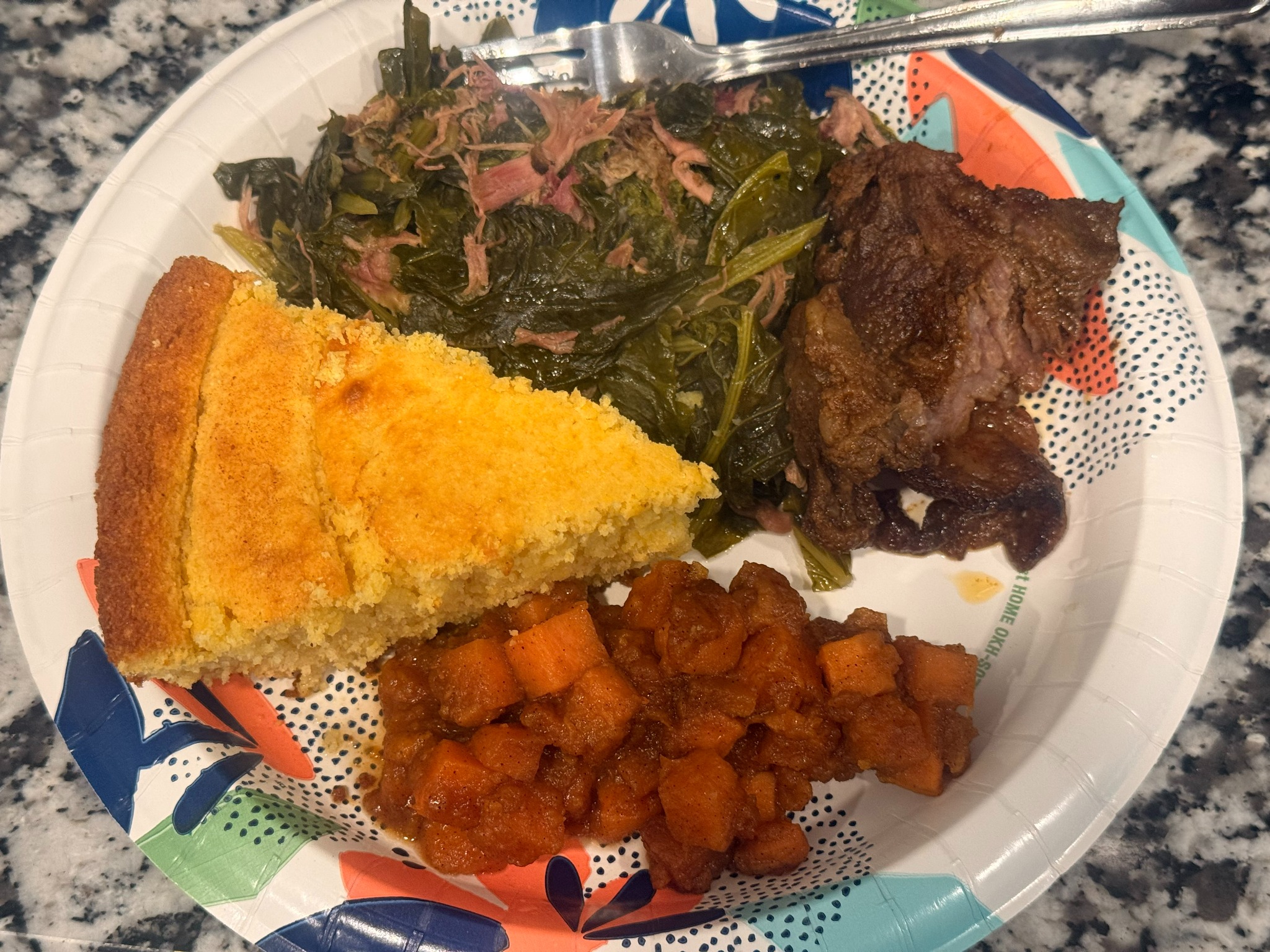 Greens, cornbread, beef, and yams
