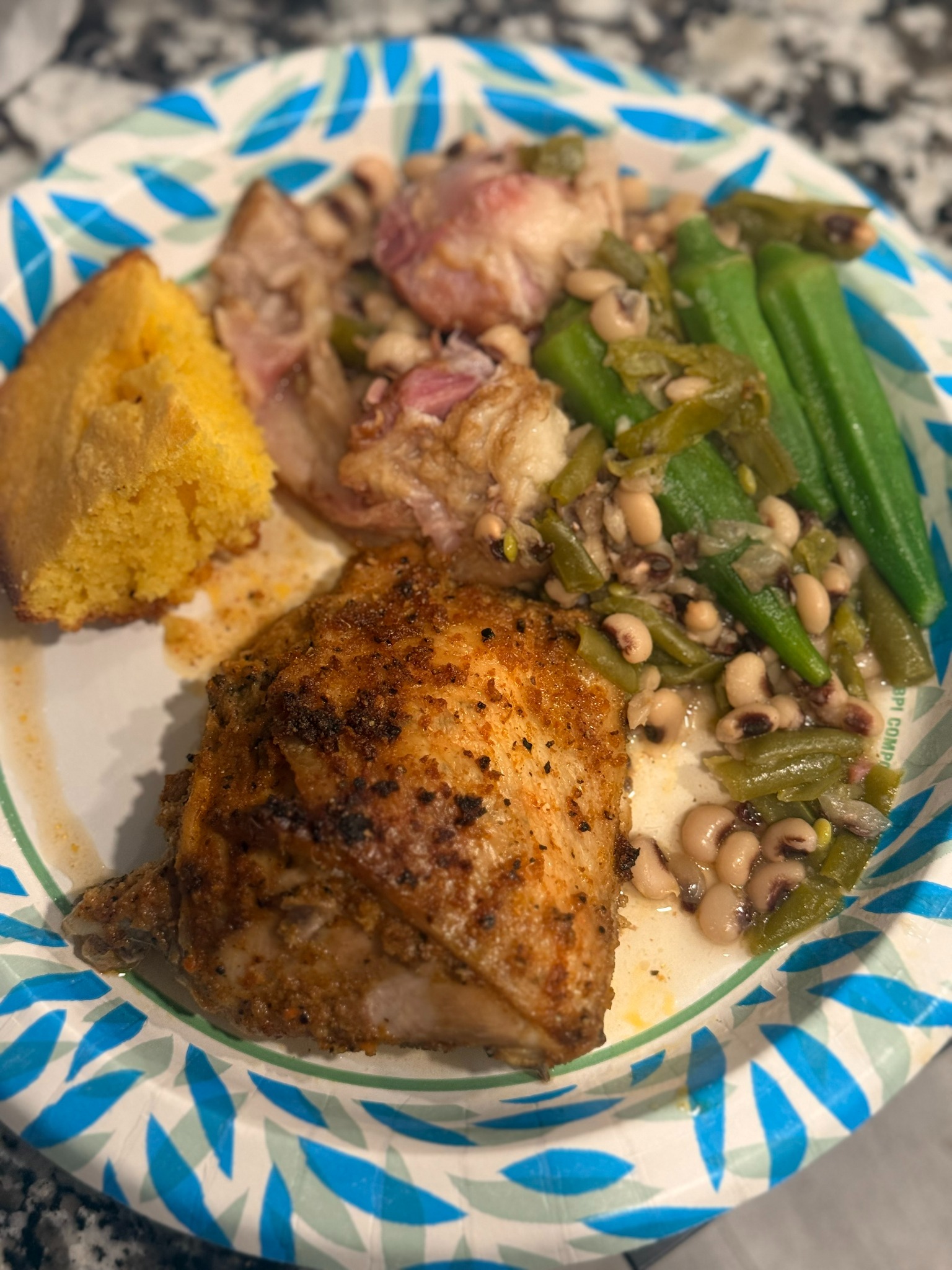 Roasted chicken with vegetables and cornbread