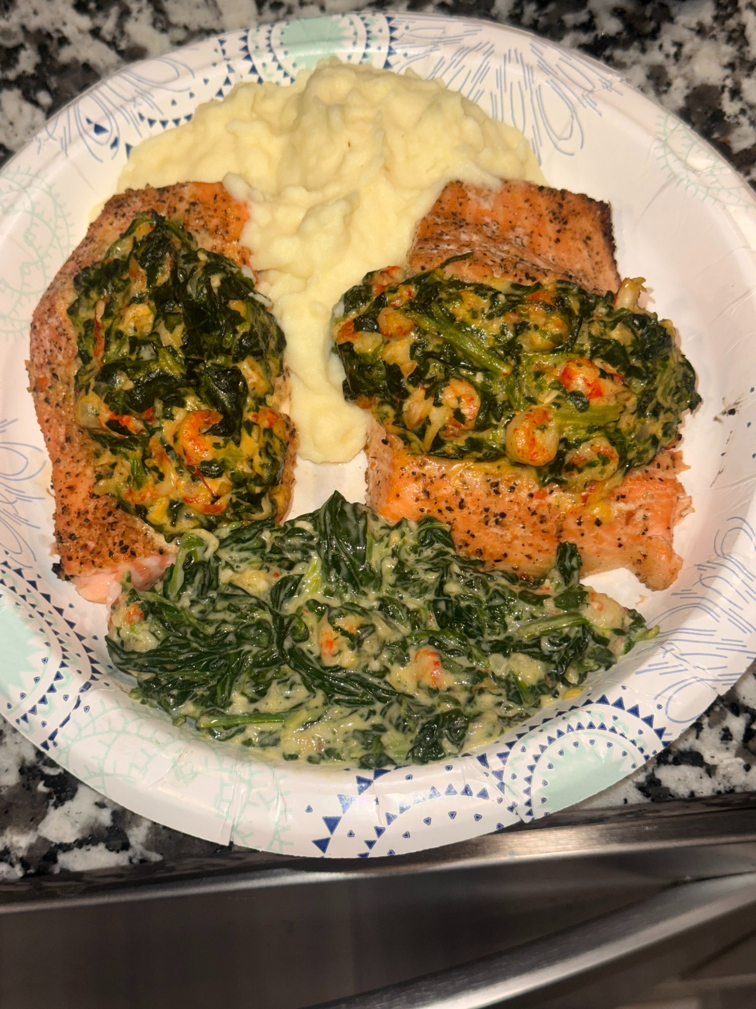 Salmon with creamed spinach and mashed potatoes
